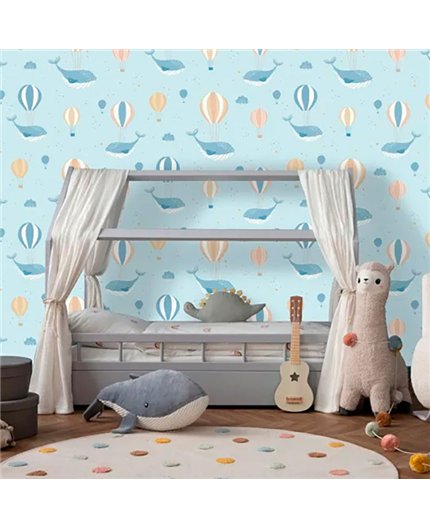 Ref.MG6201 ambiente real de ballenas y globos magic, sobre fondo Azul en tonos Multicolor