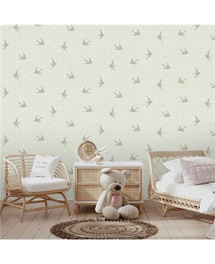 Ref.MG7004 estancia decorada con golondrinas Blanco Roto y Dorado y fondo Verde, magic