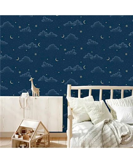 Ref.MG7311 estancia decorada con nubes y lunas Dorado y fondo Azul, magic