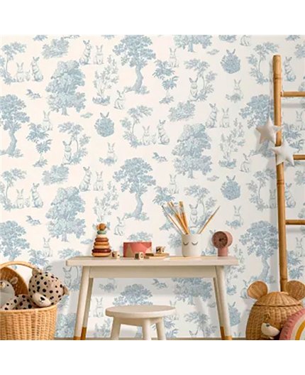 Ref.MG7101 ambiente con magic conejos toile Azul sobre fondo Blanco Roto