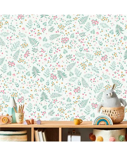 Ref.MG6603 foto de ambiente hojas y bayas magic fondo Blanco con Verde, Rosa y Mostaza