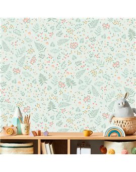 Ref.MG6604 estancia decorada con hojas y bayas Salmón, Mostaza y Beige y fondo Verde, magic