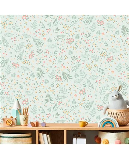 Ref.MG6604 estancia decorada con hojas y bayas Salmón, Mostaza y Beige y fondo Verde, magic