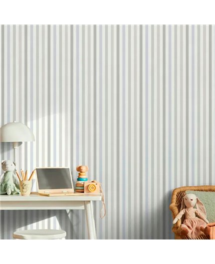 Ref.MG4109 ambiente con magic rayas combinadas Verde, Topo, Azul y Gris sobre fondo Blanco