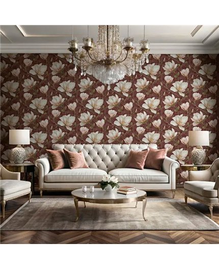 Ref.LR2210 ambiente con lirico magnolias Rosa, Topo, Verde y Amarillo sobre fondo Granate
