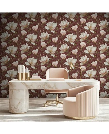 Ref.LR2210 foto de ambiente magnolias lirico fondo Granate con Rosa, Topo, Verde y Amarillo