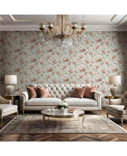 Ref.LR2205 ambiente con lirico magnolias Salmón, Verde, Marrón y Amarillo sobre fondo Beige
