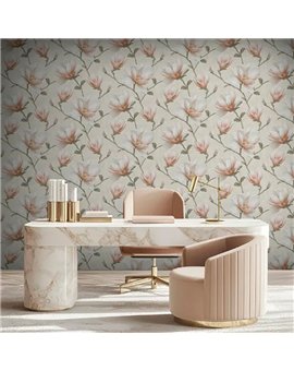 Ref.LR2205 foto de ambiente magnolias lirico fondo Beige con Salmón, Verde, Marrón y Amarillo