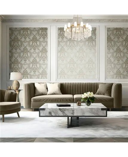 Ref.LR1909 ambiente real de damasco lirico, sobre fondo Gris en tonos Marrón y Plateado