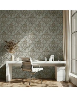 Ref.LR1909 ambiente con lirico damasco Marrón y Plateado sobre fondo Gris