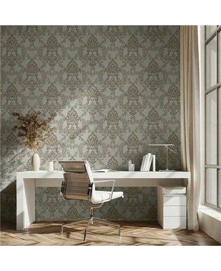 Ref.LR1909 ambiente con lirico damasco Marrón y Plateado sobre fondo Gris