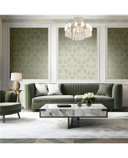 Ref.LR1904 estancia decorada con damasco Marrón y Dorado y fondo Verde, lirico
