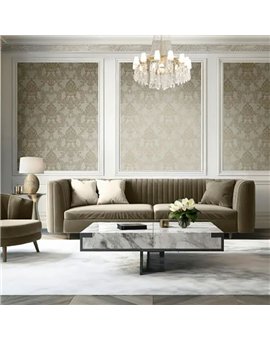 Ref.LR1907 estancia decorada con damasco Ocre y Dorado y fondo Beige, lirico