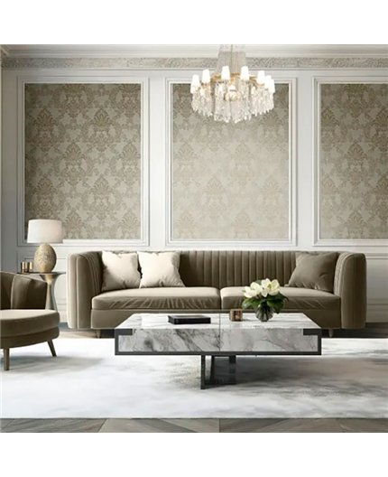 Ref.LR1907 estancia decorada con damasco Ocre y Dorado y fondo Beige, lirico