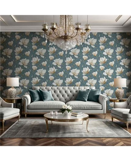 Ref.LR2201 ambiente con lirico magnolias Beige, Verde, Marrón y Amarillo sobre fondo Azul