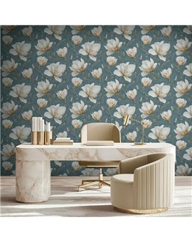 Ref.LR2201 foto de ambiente magnolias lirico fondo Azul con Beige, Verde, Marrón y Amarillo