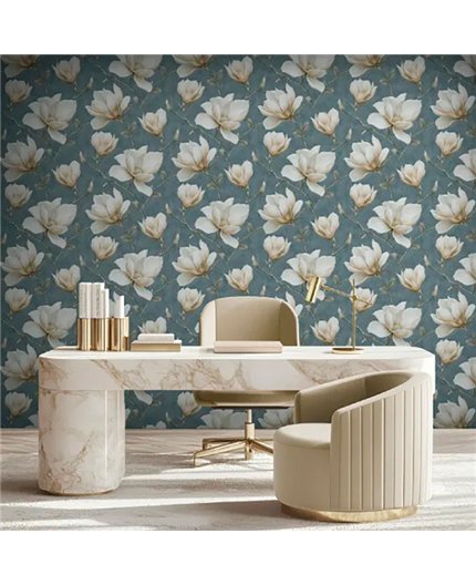 Ref.LR2201 foto de ambiente magnolias lirico fondo Azul con Beige, Verde, Marrón y Amarillo