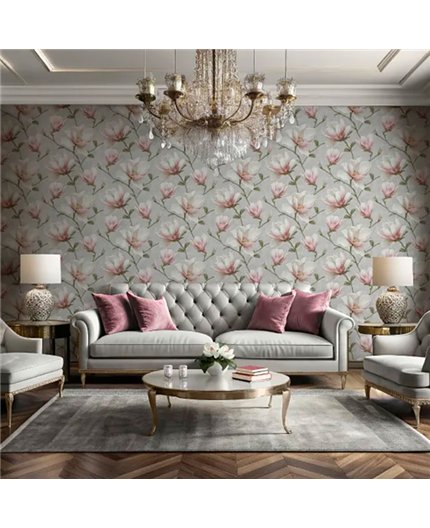 Ref.LR2209 ambiente real de magnolias lirico, sobre fondo Gris en tonos Topo, Beige, Rosa, Verde y Amarillo