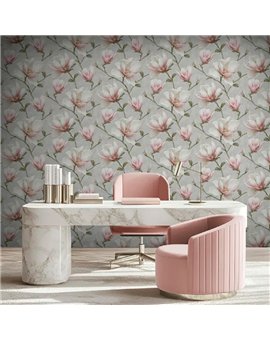 Ref.LR2209 ambiente con lirico magnolias Topo, Beige, Rosa, Verde y Amarillo sobre fondo Gris
