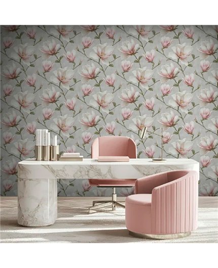 Ref.LR2209 ambiente con lirico magnolias Topo, Beige, Rosa, Verde y Amarillo sobre fondo Gris