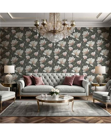 Ref.LR2219 foto de ambiente magnolias lirico fondo Gris con Rosa, Beige, Marrón, Verde y Amarillo