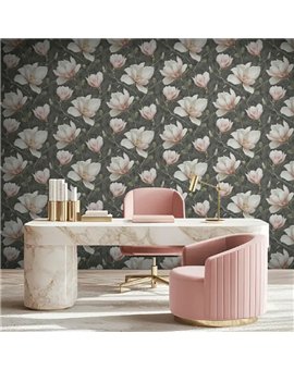 Ref.LR2219 estancia decorada con magnolias Rosa, Beige, Marrón, Verde y Amarillo y fondo Gris, lirico