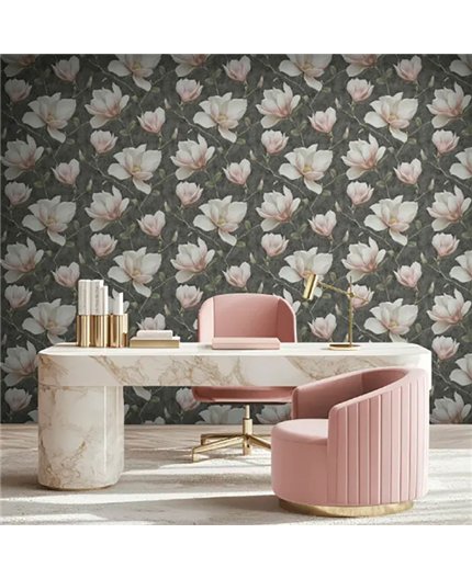Ref.LR2219 estancia decorada con magnolias Rosa, Beige, Marrón, Verde y Amarillo y fondo Gris, lirico