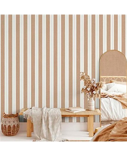 Ref.LR5608 ambiente real de rayas textiles lirico, sobre fondo Blanco Roto en tonos Marrón