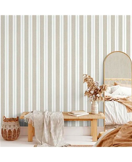 Ref.LR5607 estancia decorada con rayas textiles Beige y Marrón y fondo Blanco Roto, lirico