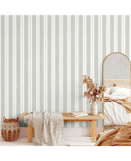 Ref.LR5617 ambiente con lirico rayas textiles Topo y Marrón sobre fondo Blanco Roto