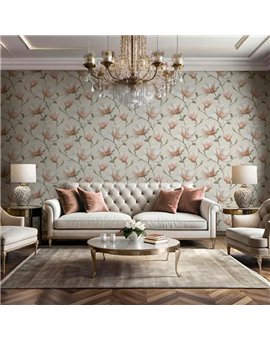 Ref.LR2205 ambiente con lirico magnolias Salmón, Verde, Marrón y Amarillo sobre fondo Beige