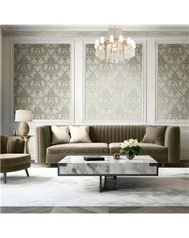 Ref.LR1909 ambiente real de damasco lirico, sobre fondo Gris en tonos Marrón y Plateado