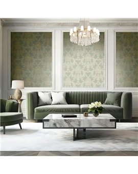 Ref.LR1904 estancia decorada con damasco Marrón y Dorado y fondo Verde, lirico