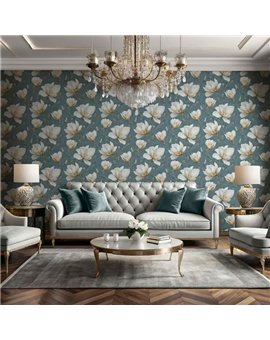Ref.LR2201 foto de ambiente magnolias lirico fondo Azul con Beige, Verde, Marrón y Amarillo