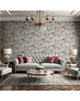 Ref.LR2209 ambiente con lirico magnolias Topo, Beige, Rosa, Verde y Amarillo sobre fondo Gris
