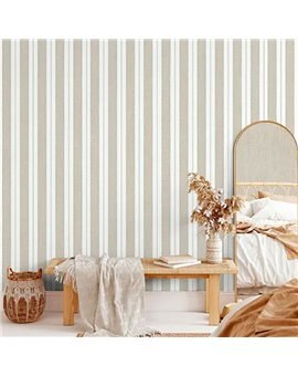 Ref.LR5607 ambiente real de rayas textiles lirico, sobre fondo Blanco Roto en tonos Beige y Marrón