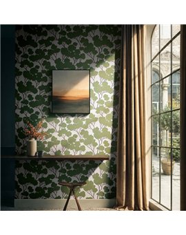 Ref.SP7042 ambiente con supreme árbol oriental Verde, Marrón y Dorado sobre fondo Beige