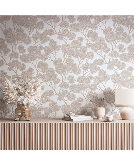Ref.SP7040 ambiente con supreme árbol oriental Beige y Marrón sobre fondo Topo