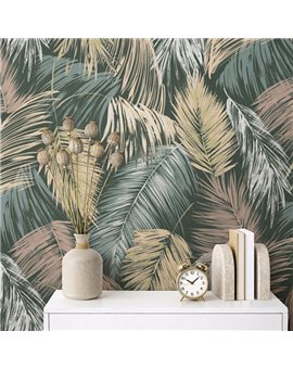 Ref.SP9054 ambiente real de hojas de palmera supreme, sobre fondo Verde en tonos Blanco Roto y Beige