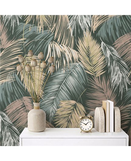 Ref.SP9054 ambiente real de hojas de palmera supreme, sobre fondo Verde en tonos Blanco Roto y Beige