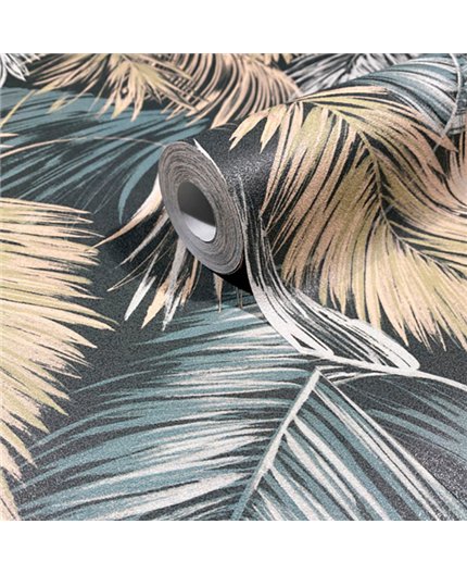 Ref.SP9054 ambiente con supreme hojas de palmera Blanco Roto y Beige sobre fondo Verde