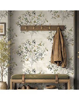 Ref.EW51704 foto de ambiente ramas acuarela white accents fondo Beige con Verde, Ocre, Marrón, Gris y Topo