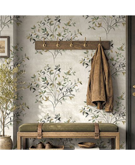 Ref.EW51704 foto de ambiente ramas acuarela white accents fondo Beige con Verde, Ocre, Marrón, Gris y Topo