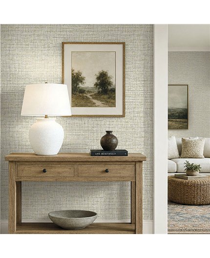 Ref.EW51008 estancia decorada con tejido rafia Ocre y Blanco Roto y fondo Verde, white accents