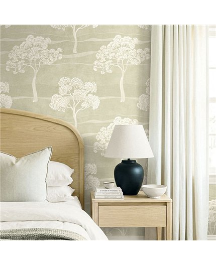 Ref.EW50007 ambiente real de paisaje de árboles white accents, sobre fondo Verde en tonos Blanco Roto