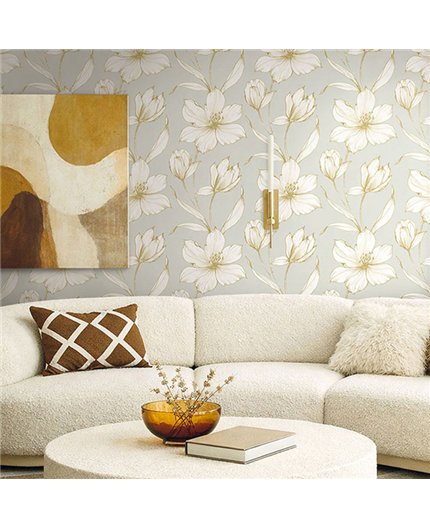 Ref.EW50518 ambiente con white accents lirios dibujados Blanco Roto, Beige y Dorado sobre fondo Gris