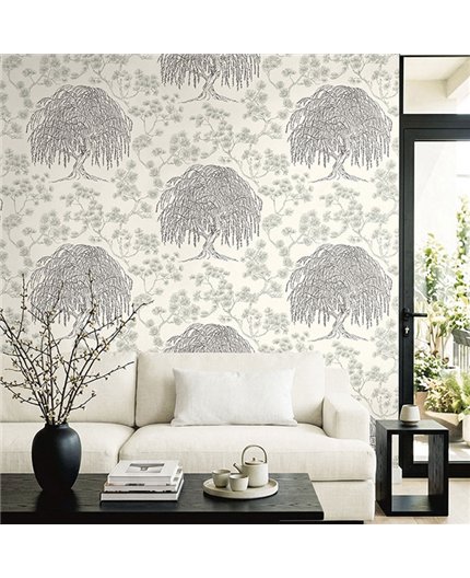 Ref.EW51500 estancia decorada con sauce llorón Gris y Negro y fondo Blanco Roto, white accents