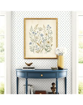 Ref.LB51012 ambiente con dolly mixtures flor salteada Azul sobre fondo Blanco Roto