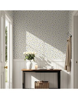 Ref.LB50005 ambiente con dolly mixtures florecillas trepadoras Topo, Gris y Ocre sobre fondo Blanco Roto