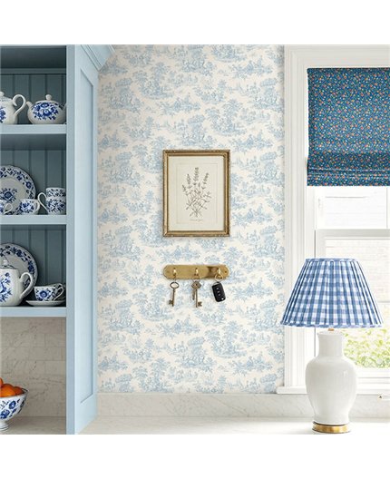 Ref.LB51702 estancia decorada con toile de jouy Azul y fondo Blanco Roto, dolly mixtures